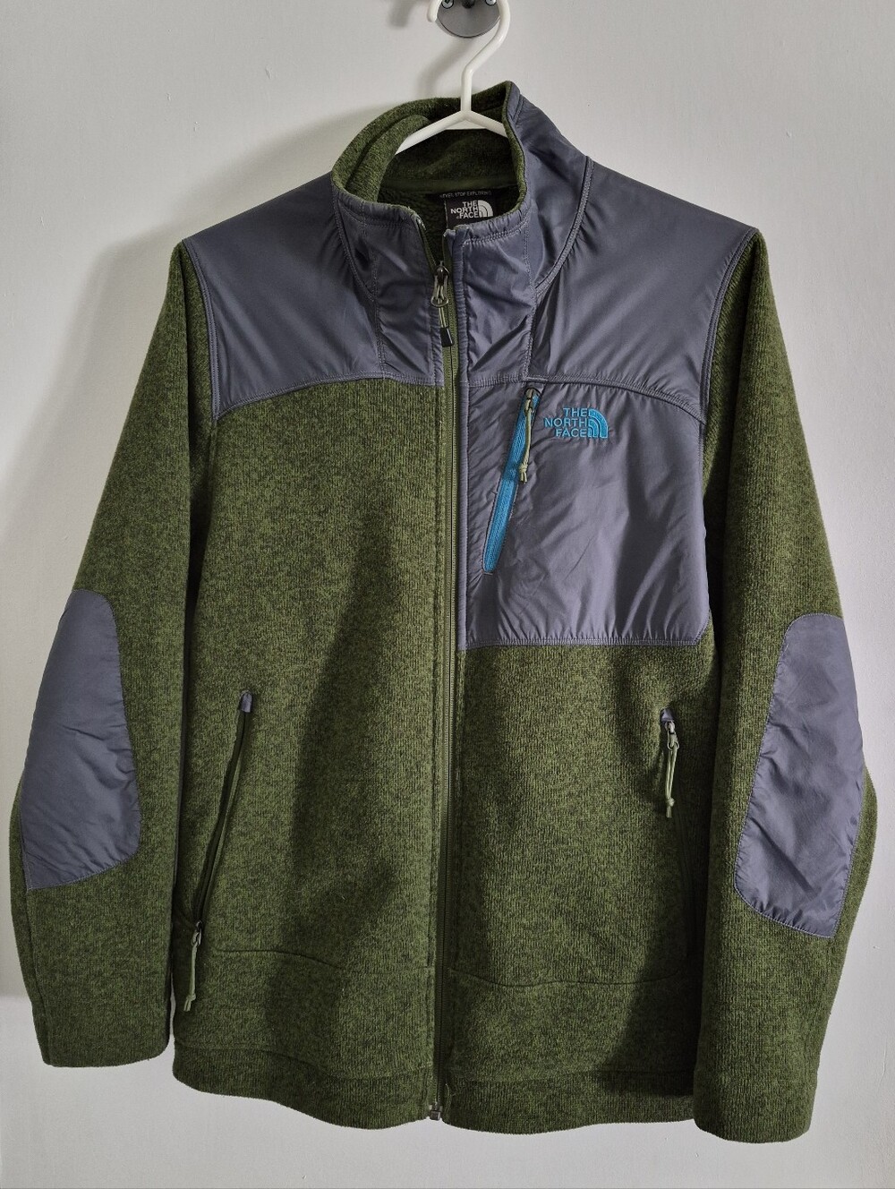The North Face Olive Green Fleece Jacket with Gray Panels Small Mens